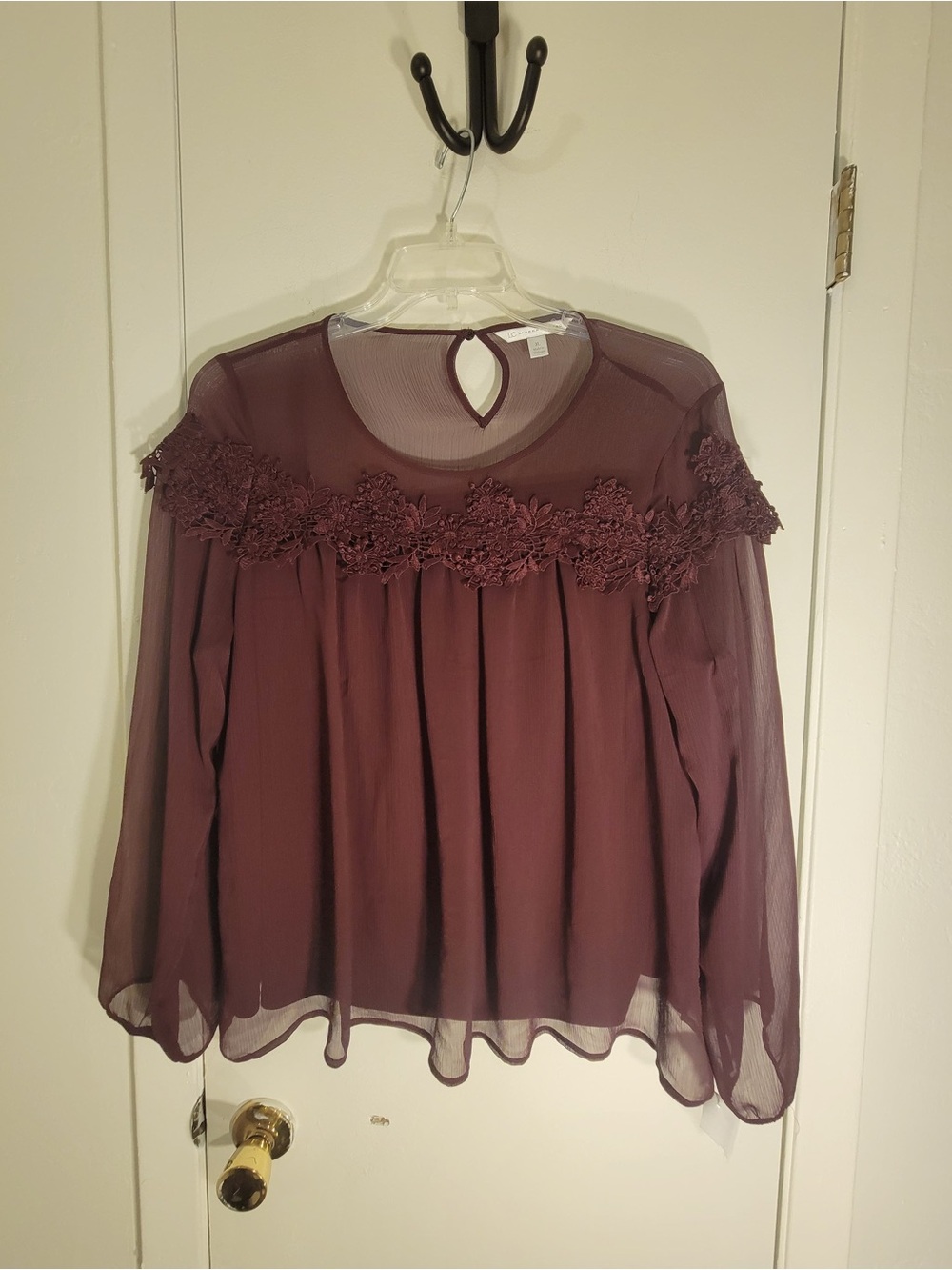 Sheer Lace Yoke Blouse - Deep Plum